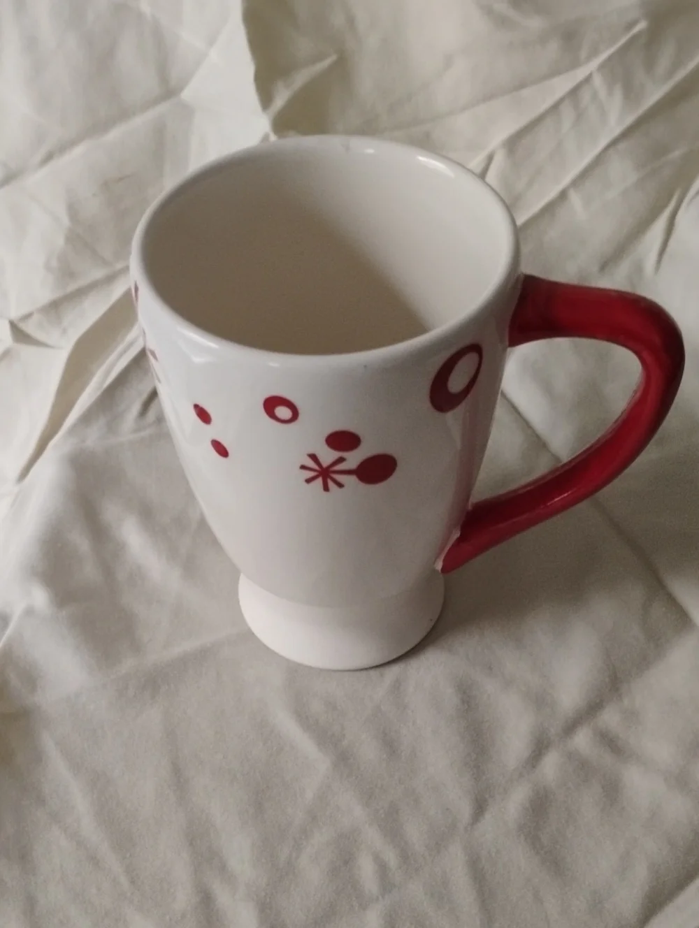 Pier 1 White Ceramic Mug with Red Handle and Red Dot Accents